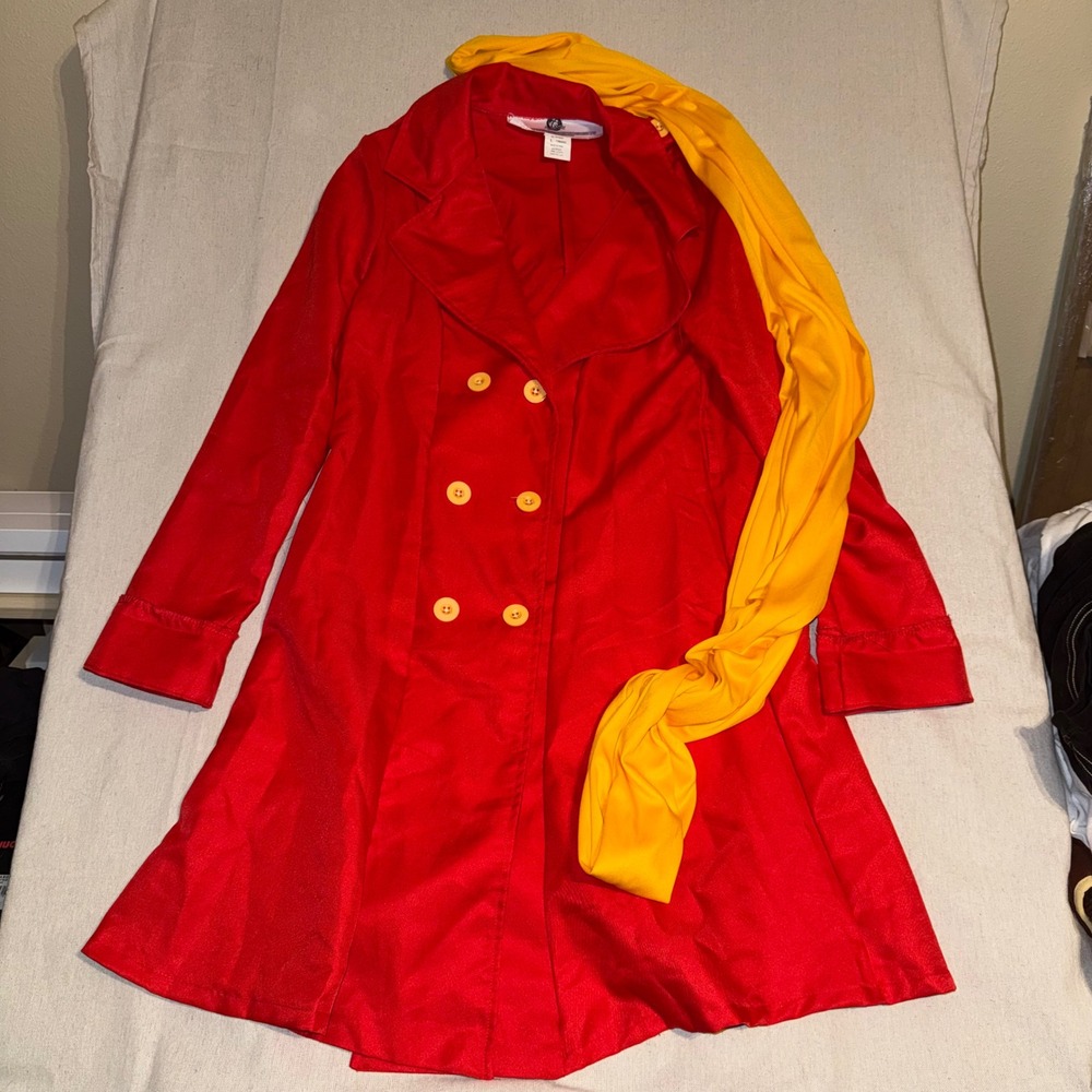 Carmen Sandiego Costume Red Trench Coat Hat Scarf Set Womens Large FUN6440AD
